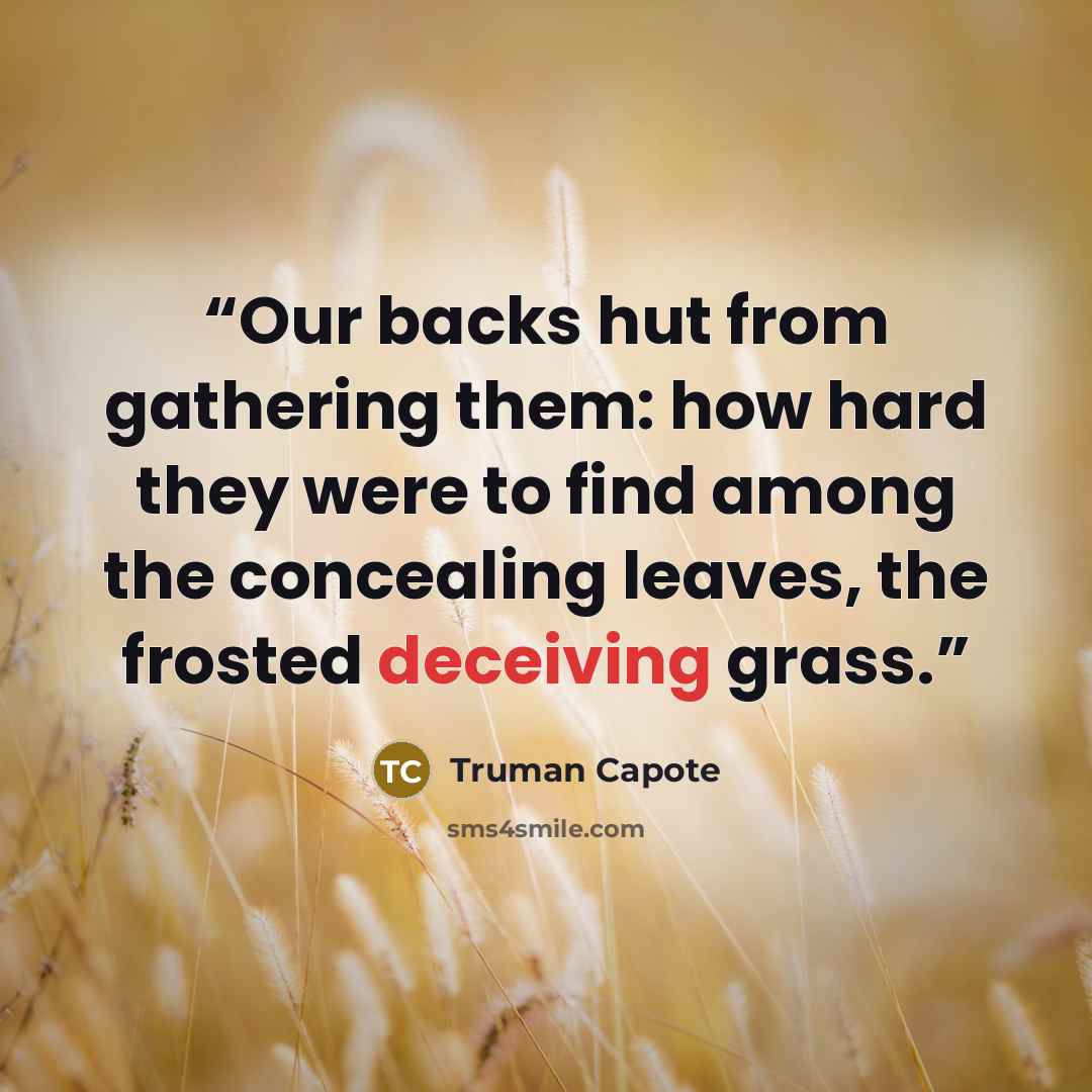 “Our backs hut from gathering them: how hard they were to find among the concealing leaves, the frosted deceiving grass.” quote by Truman Capote