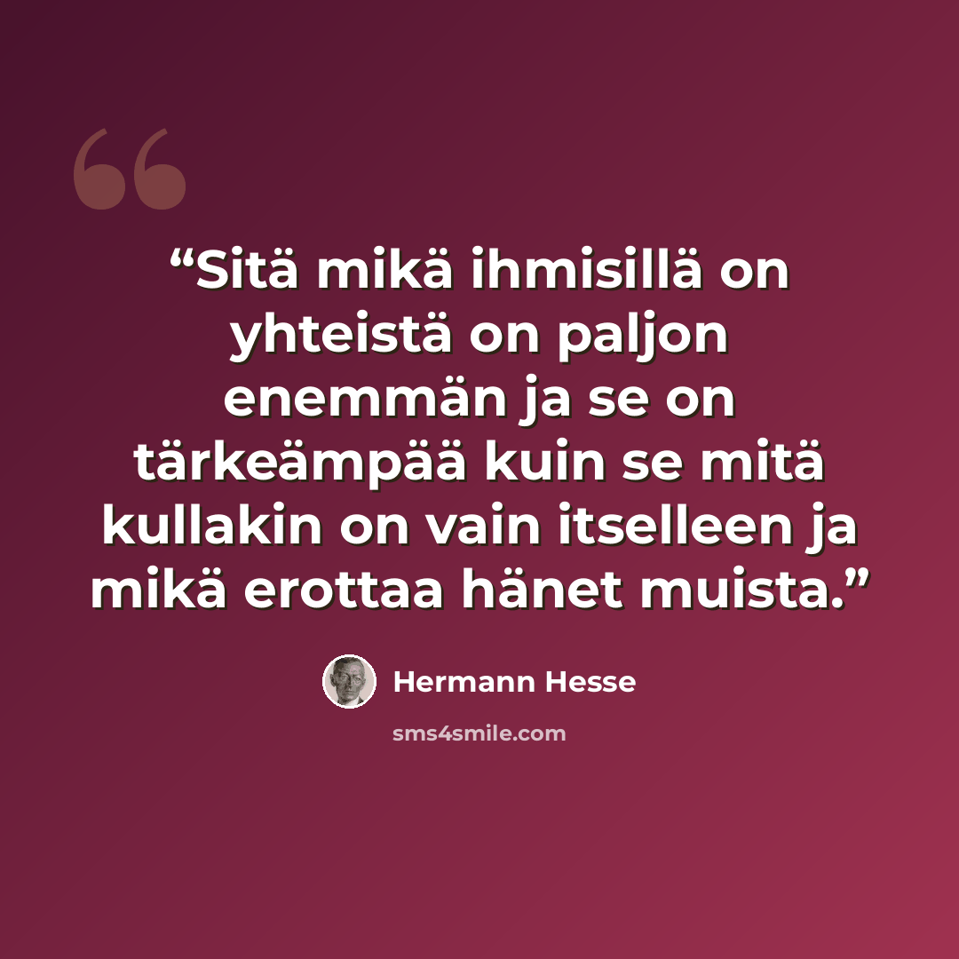 “Sitä mikä ihmisillä on yhteistä on paljon enemmän ja se on tärkeämpää kuin se mitä kullakin on vain itselleen ja mikä erottaa hänet muista.” quote by Hermann Hesse