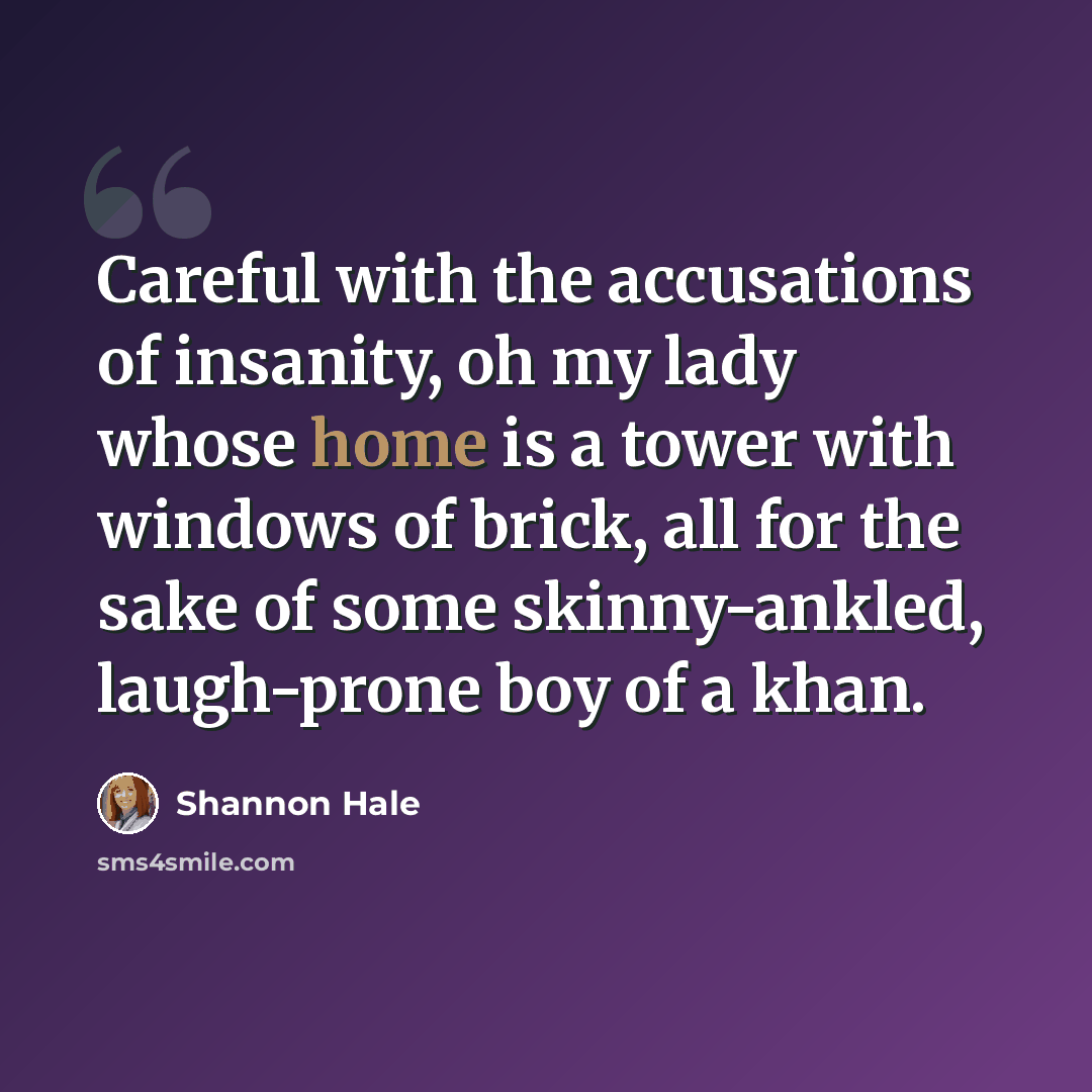 “Careful with the accusations of insanity, oh my lady whose home is a tower with windows of brick, all for the sake of some skinny-ankled, laugh-prone boy of a khan.” quote by Shannon Hale