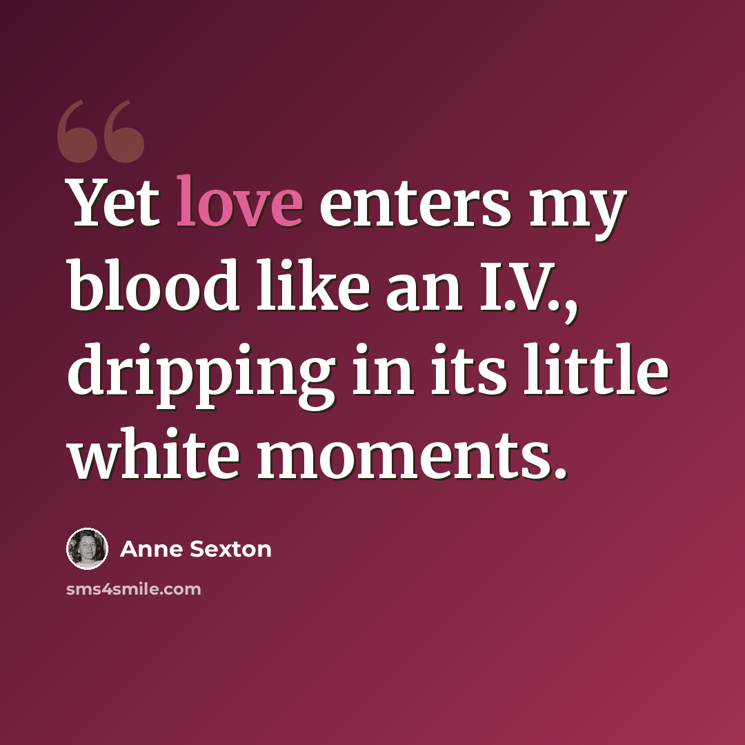 “Yet love enters my blood like an I.V., dripping in its little white moments.” quote by Anne Sexton