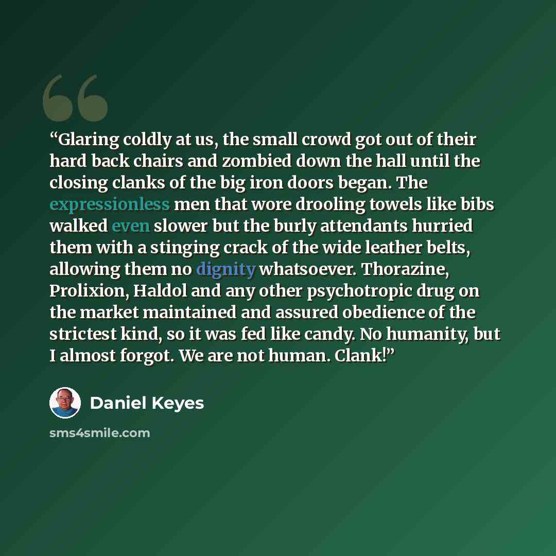 “Glaring coldly at us, the small crowd got out of their hard back chairs and zombied down the hall until the closing clanks of the big iron doors began. The expressionless men that wore drooling towels like bibs walked even slower but the burly attendants hurried them with a stinging crack of the…” quote by Daniel Keyes