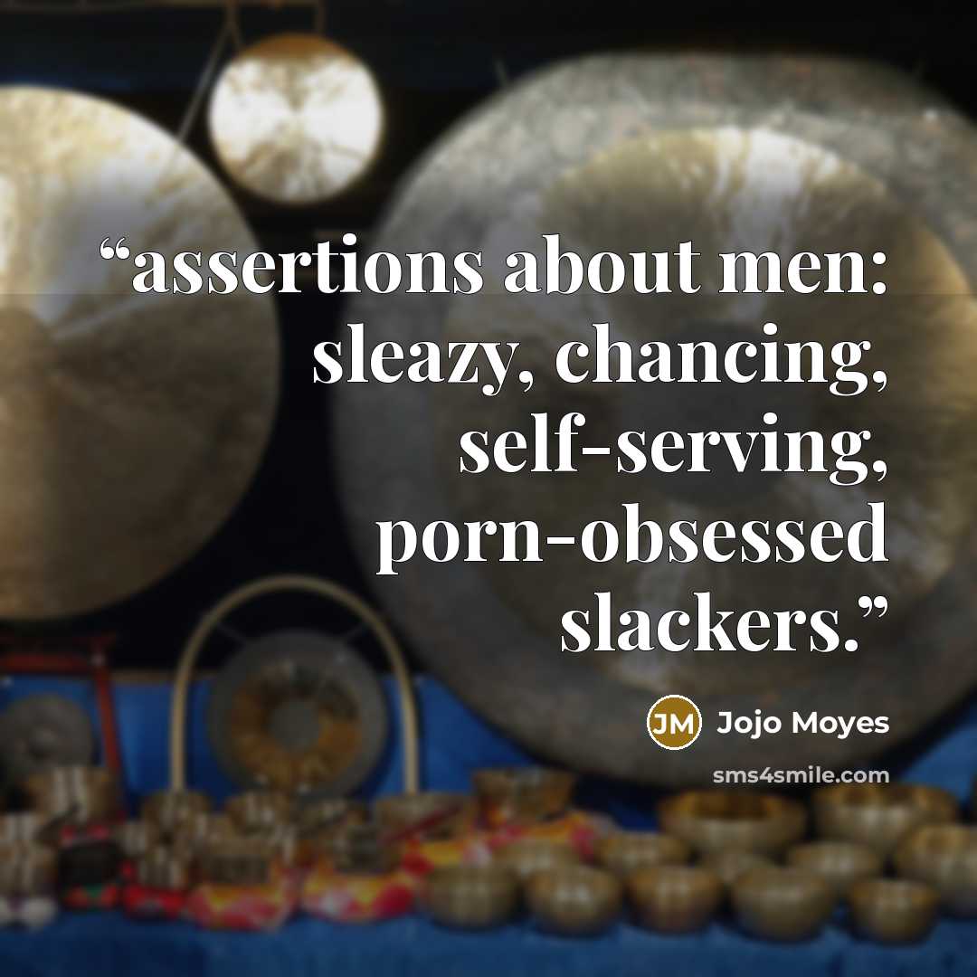 “assertions about men: sleazy, chancing, self-serving, porn-obsessed slackers.” quote by Jojo Moyes