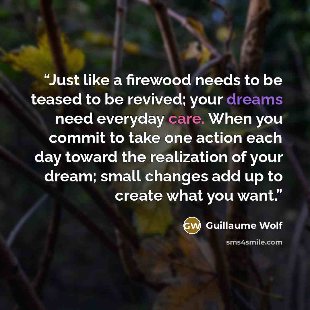 “Just like a firewood needs to be teased to be revived; your dreams need everyday care. When you commit to take one action each day toward the realization of your dream; small changes add up to create what you want.” quote by Guillaume Wolf