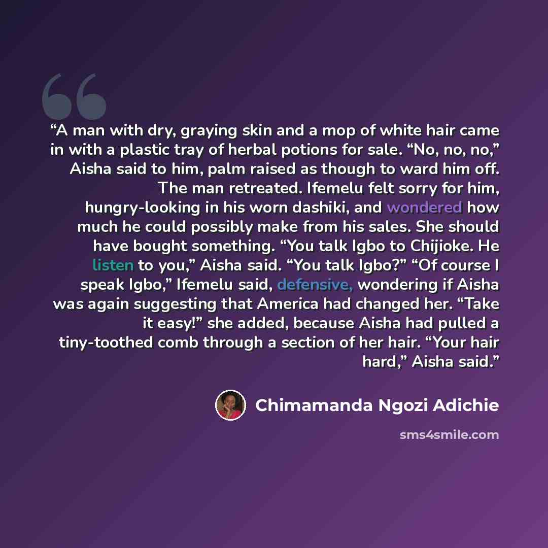 “A man with dry, graying skin and a mop of white hair came in with a plastic tray of herbal potions for sale. “No, no, no,” Aisha said to him, palm raised as though to ward him off. The man retreated. Ifemelu felt sorry for him, hungry-looking in his worn dashiki, and wondered how much he could…” quote by Chimamanda Ngozi Adichie