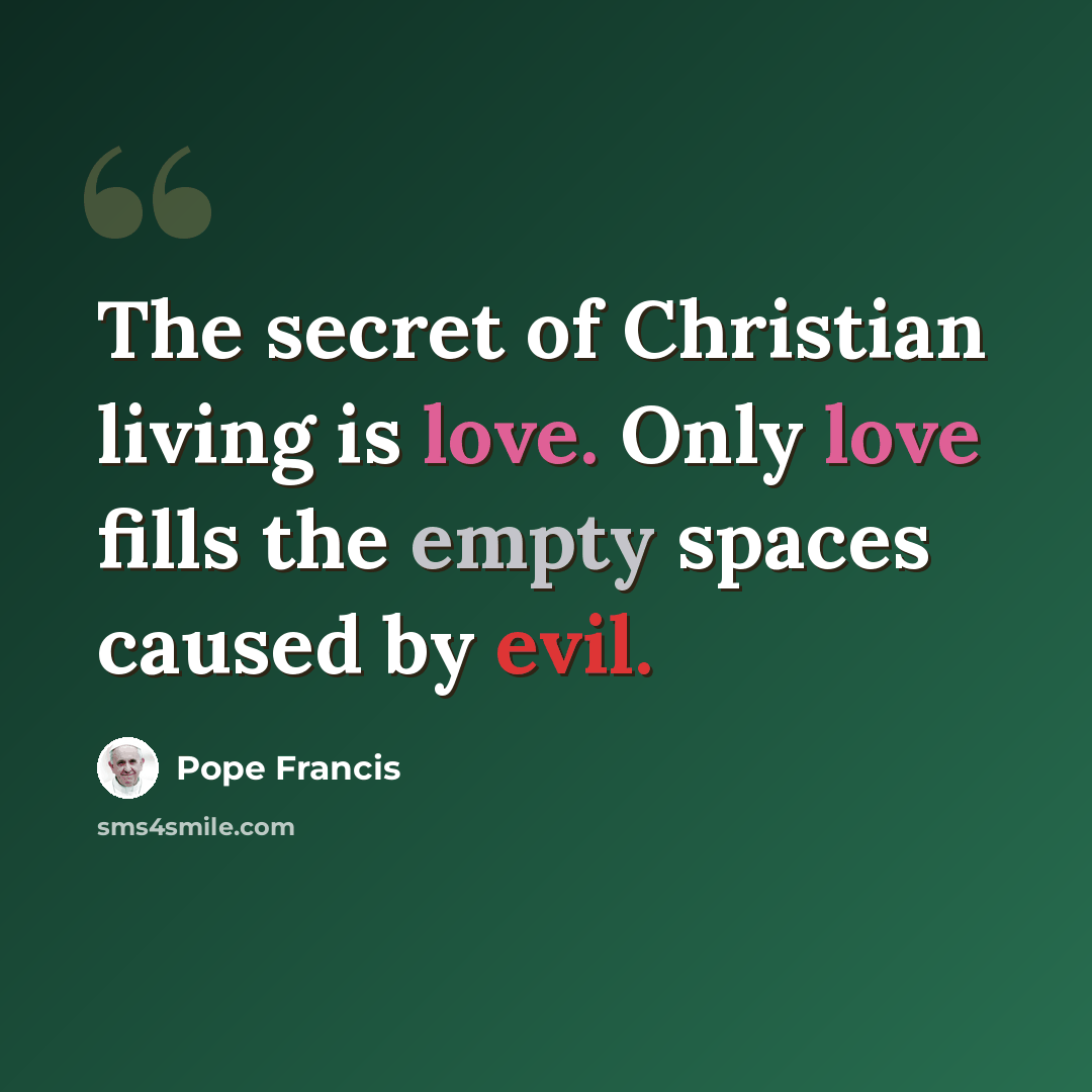 “The secret of Christian living is love. Only love fills the empty spaces caused by evil.” quote by Pope Francis