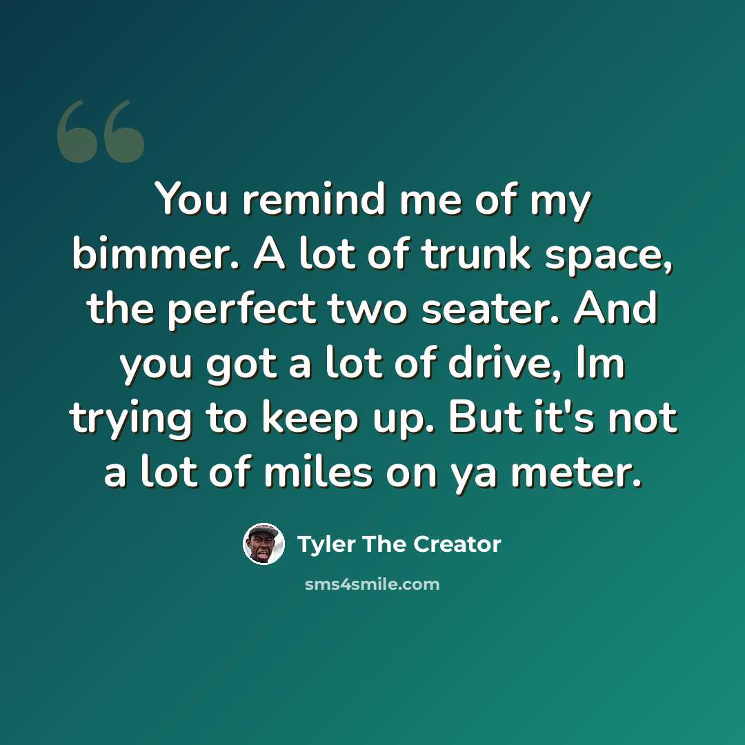 “You remind me of my bimmer. A lot of trunk space, the perfect two seater. And you got a lot of drive, Im trying to keep up. But it's not a lot of miles on ya meter.” quote by Tyler The Creator