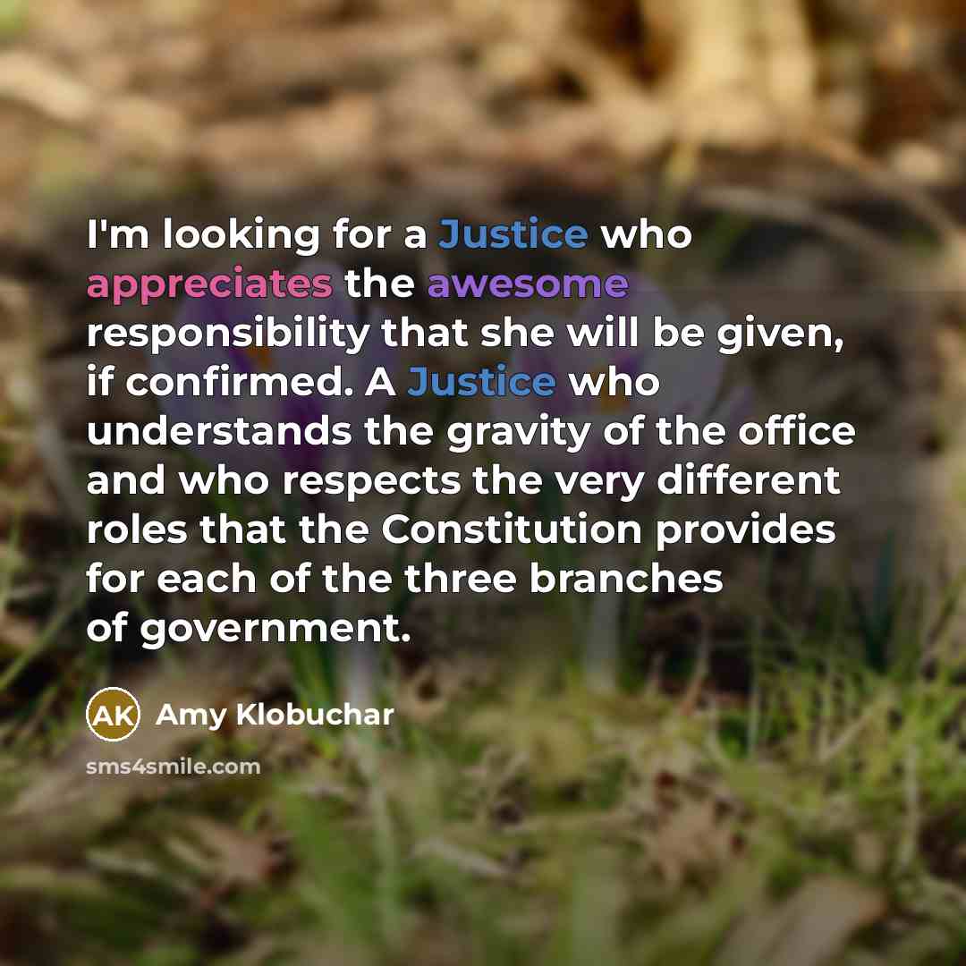 “I'm looking for a Justice who appreciates the awesome responsibility that she will be given, if confirmed. A Justice who understands the gravity of the office and who respects the very different roles that the Constitution provides for each of the three branches of government.” quote by Amy Klobuchar