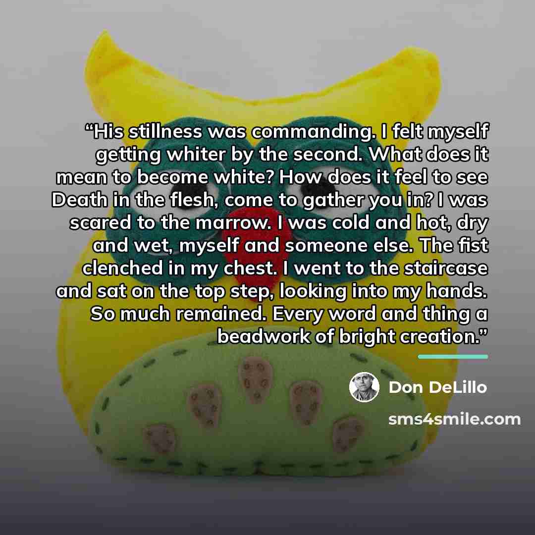 “His stillness was commanding. I felt myself getting whiter by the second. What does it mean to become white? How does it feel to see Death in the flesh, come to gather you in? I was scared to the marrow. I was cold and hot, dry and wet, myself and someone else. The fist clenched in my chest. I…” quote by Don DeLillo
