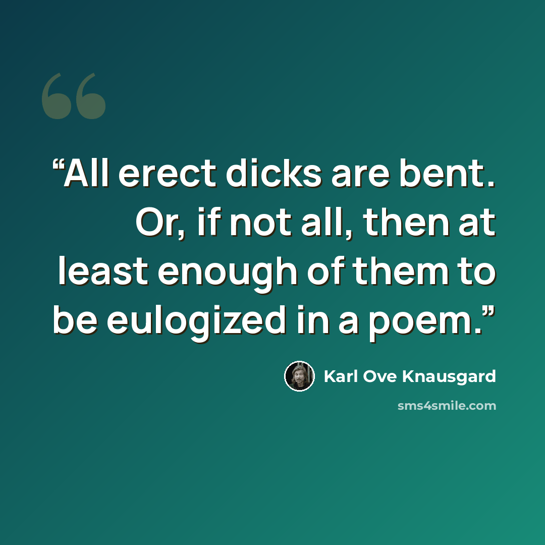 “All erect dicks are bent. Or, if not all, then at least enough of them to be eulogized in a poem.” quote by Karl Ove Knausgård