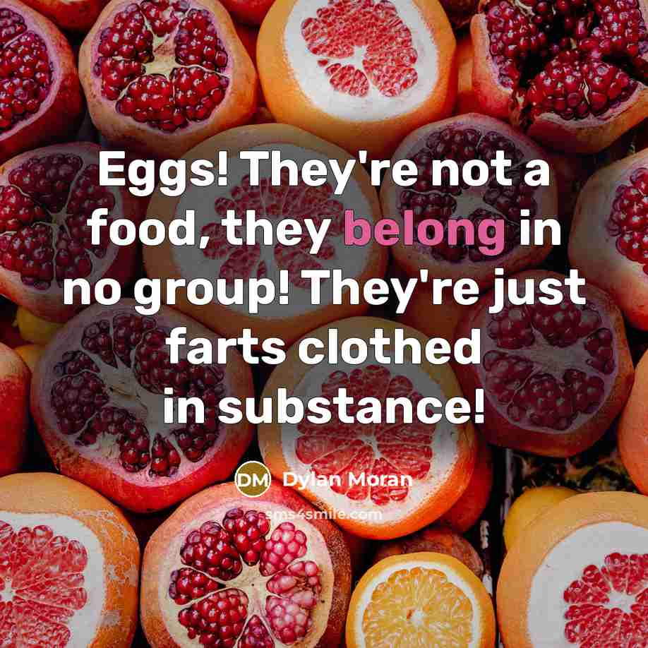 “Eggs! They're not a food, they belong in no group! They're just farts clothed in substance!” quote by Dylan Moran