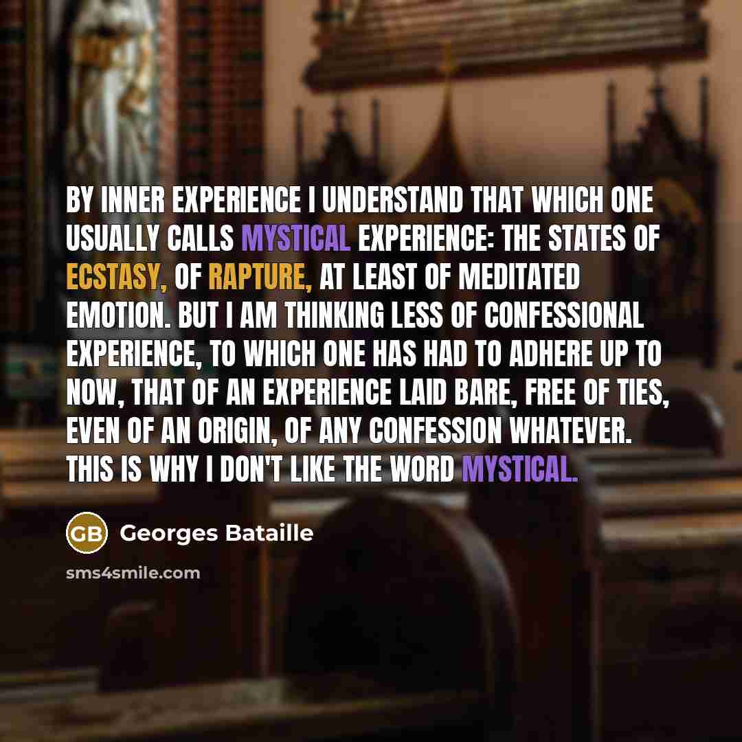 “By inner experience I understand that which one usually calls mystical experience: the states of ecstasy, of rapture, at least of meditated emotion. But I am thinking less of confessional experience, to which one has had to adhere up to now, that of an experience laid bare, free of ties, even of…” quote by Georges Bataille