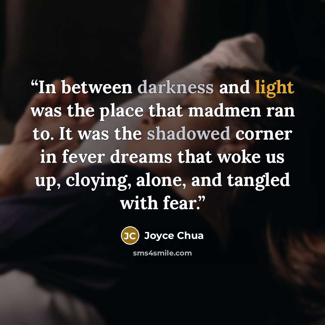“In between darkness and light was the place that madmen ran to. It was the shadowed corner in fever dreams that woke us up, cloying, alone, and tangled with fear.” quote by Joyce Chua