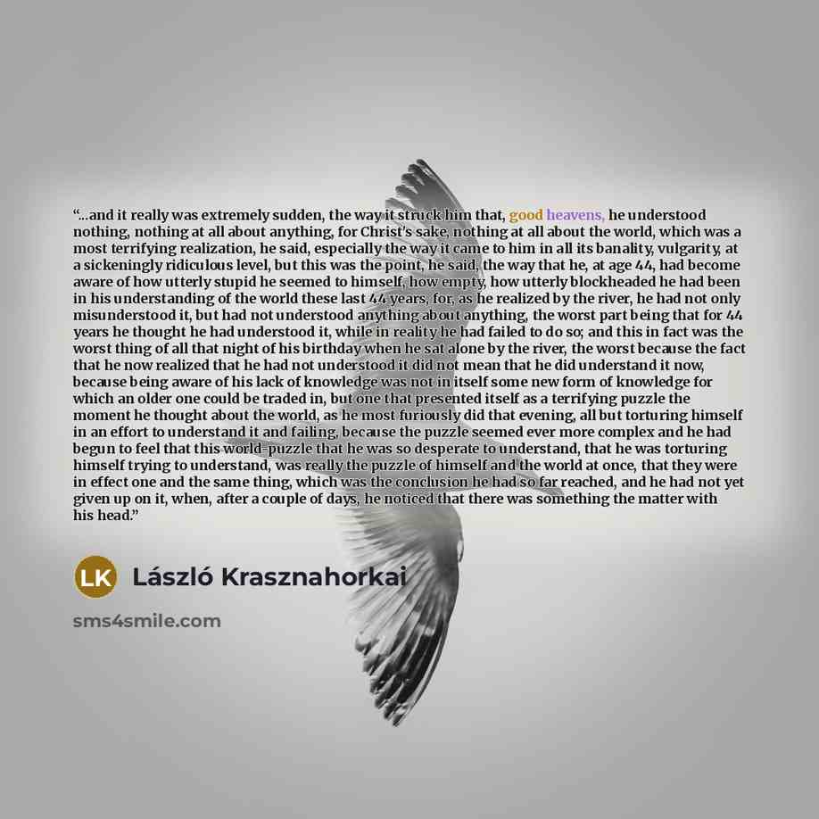 “...and it really was extremely sudden, the way it struck him that, good heavens, he understood nothing, nothing at all about anything, for Christ's sake, nothing at all about the world, which was a most terrifying realization, he said, especially the way it came to him in all its banality…” quote by László Krasznahorkai