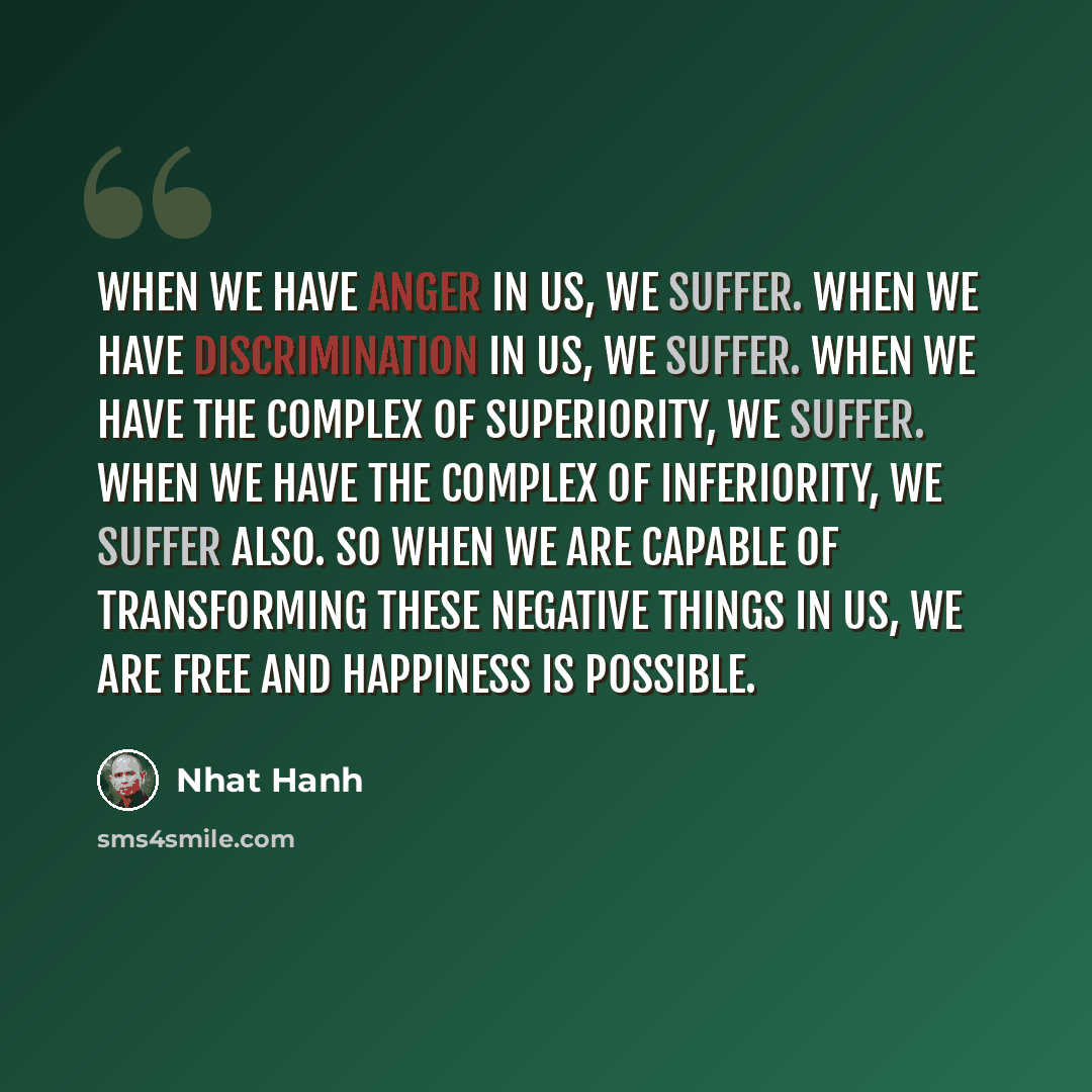 “When we have anger in us, we suffer. When we have discrimination in us, we suffer. When we have the complex of superiority, we suffer. When we have the complex of inferiority, we suffer also. So when we are capable of transforming these negative things in us, we are free and happiness is possible.” quote by Nhat Hanh