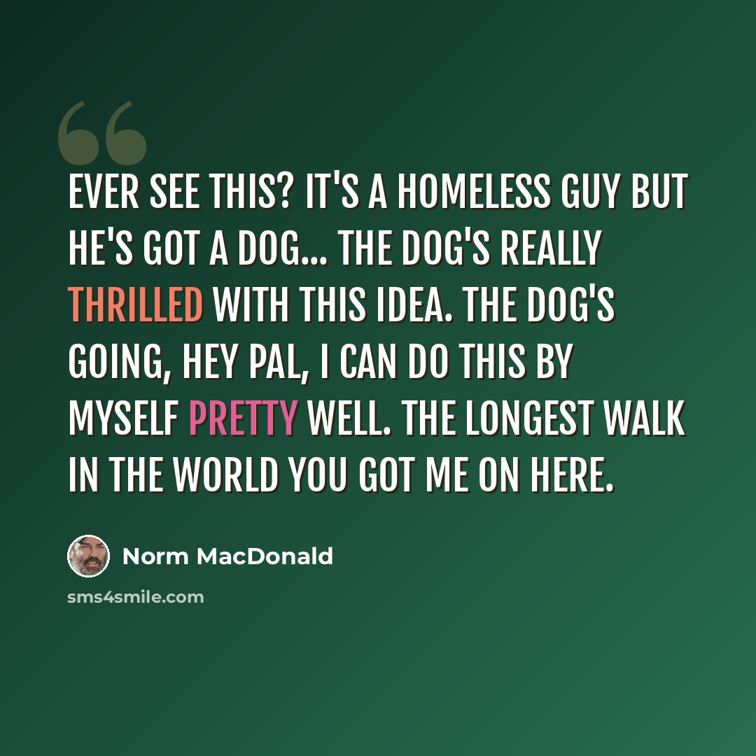 “Ever see this? It's a homeless guy but he's got a dog... The dog's really thrilled with this idea. The dog's going, Hey pal, I can do this by myself pretty well. The longest walk in the world you got me on here.” quote by Norm MacDonald
