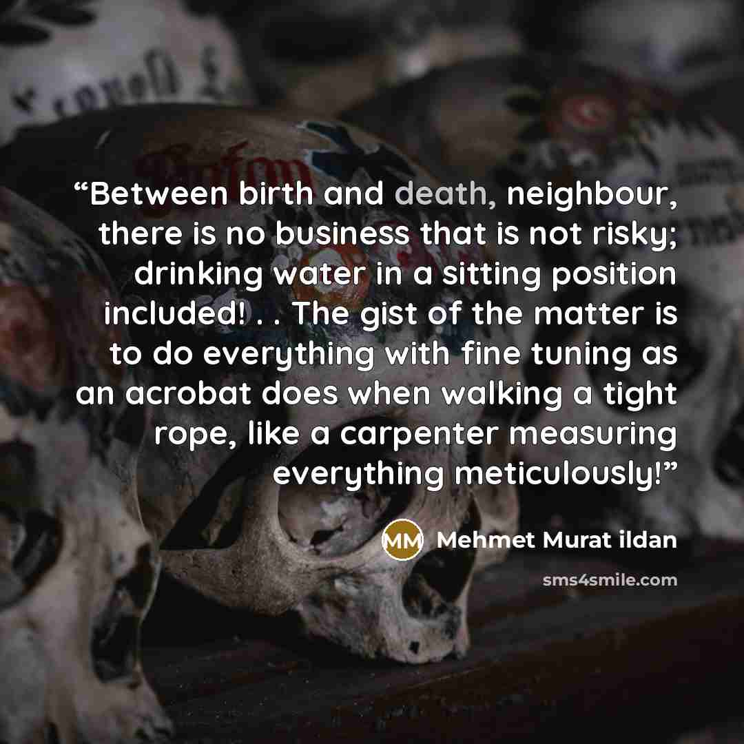 “Between birth and death, neighbour, there is no business that is not risky; drinking water in a sitting position included! . . The gist of the matter is to do everything with fine tuning as an acrobat does when walking a tight rope, like a carpenter measuring everything meticulously!” quote by Mehmet Murat ildan