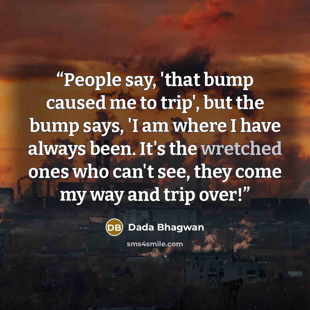 “People say, 'that bump caused me to trip', but the bump says, 'I am where I have always been. It's the wretched ones who can't see, they come my way and trip over!” quote by Dada Bhagwan