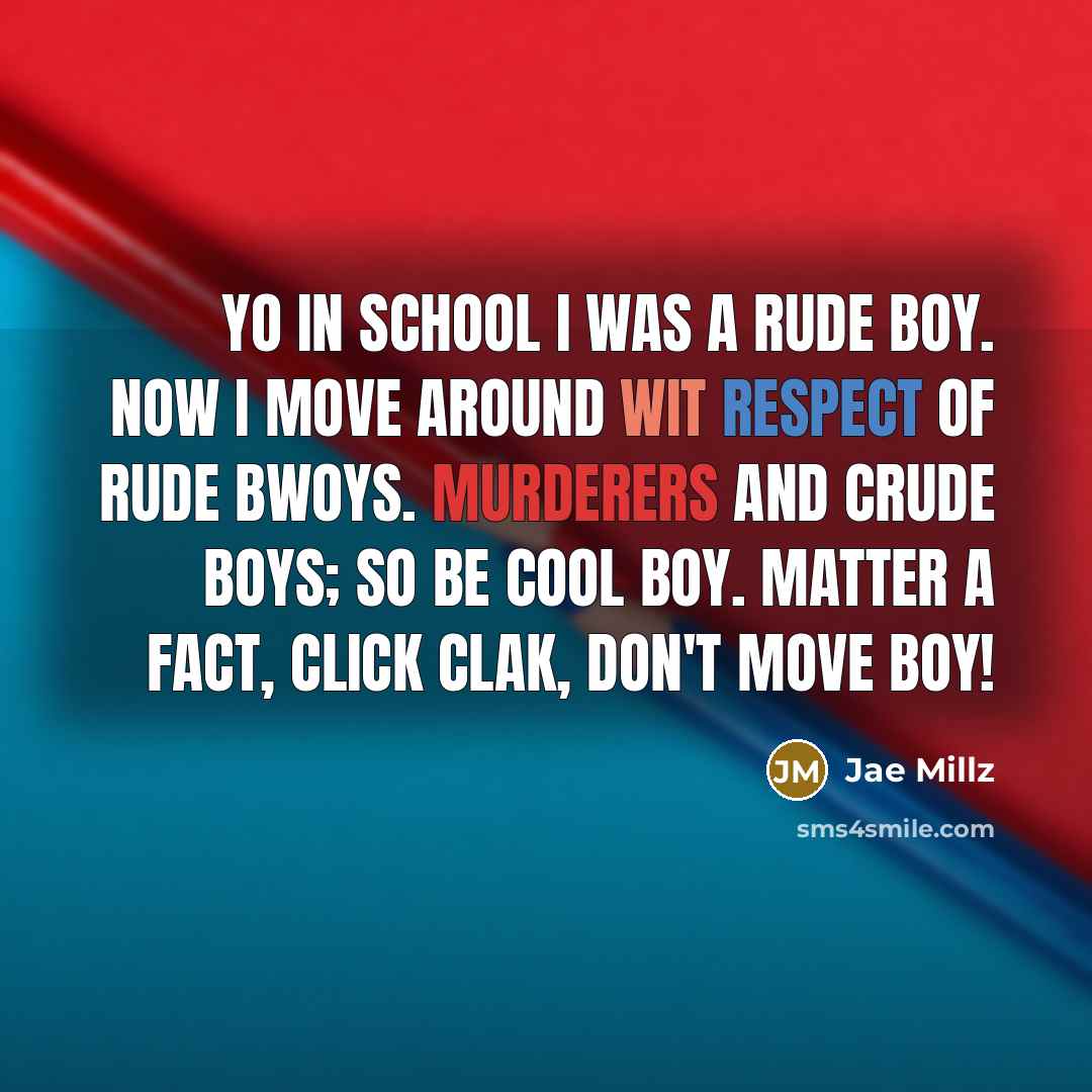 “Yo in school I was a rude boy. Now I move around wit respect of rude bwoys. Murderers and crude boys; So be cool boy. Matter a fact, click clak, don't move boy!” quote by Jae Millz