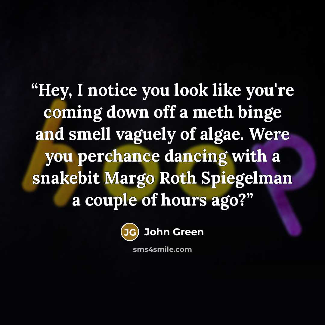 “Hey, I notice you look like you're coming down off a meth binge and smell vaguely of algae. Were you perchance dancing with a snakebit Margo Roth Spiegelman a couple of hours ago?” quote by John Green