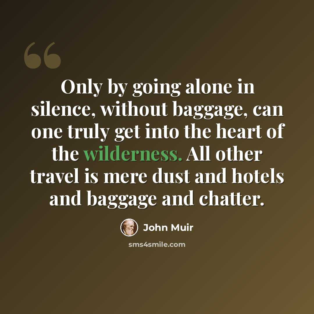 “Only by going alone in silence, without baggage, can one truly get into the heart of the wilderness. All other travel is mere dust and hotels and baggage and chatter.” quote by John Muir
