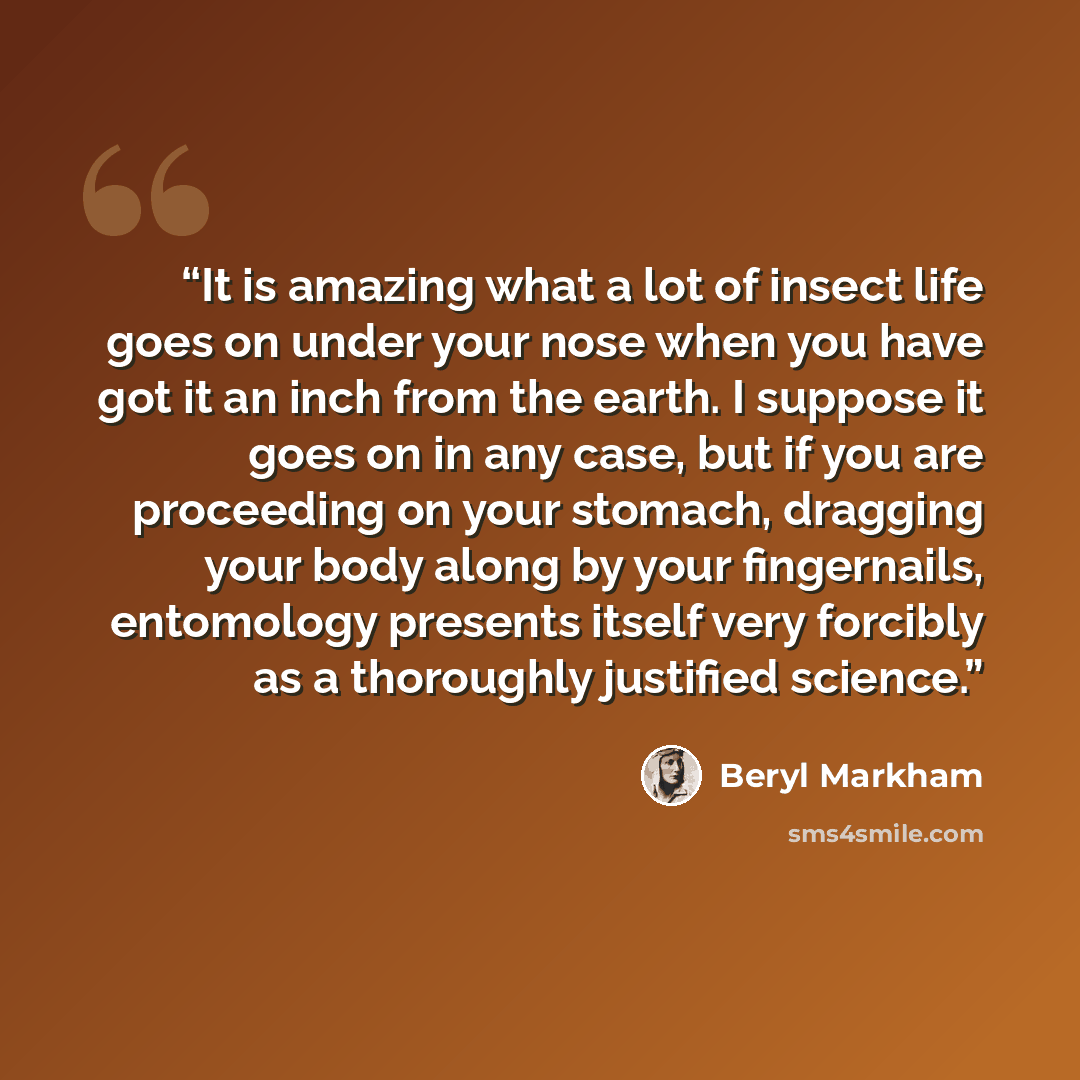 “It is amazing what a lot of insect life goes on under your nose when you have got it an inch from the earth. I suppose it goes on in any case, but if you are proceeding on your stomach, dragging your body along by your fingernails, entomology presents itself very forcibly as a thoroughly justified…” quote by Beryl Markham