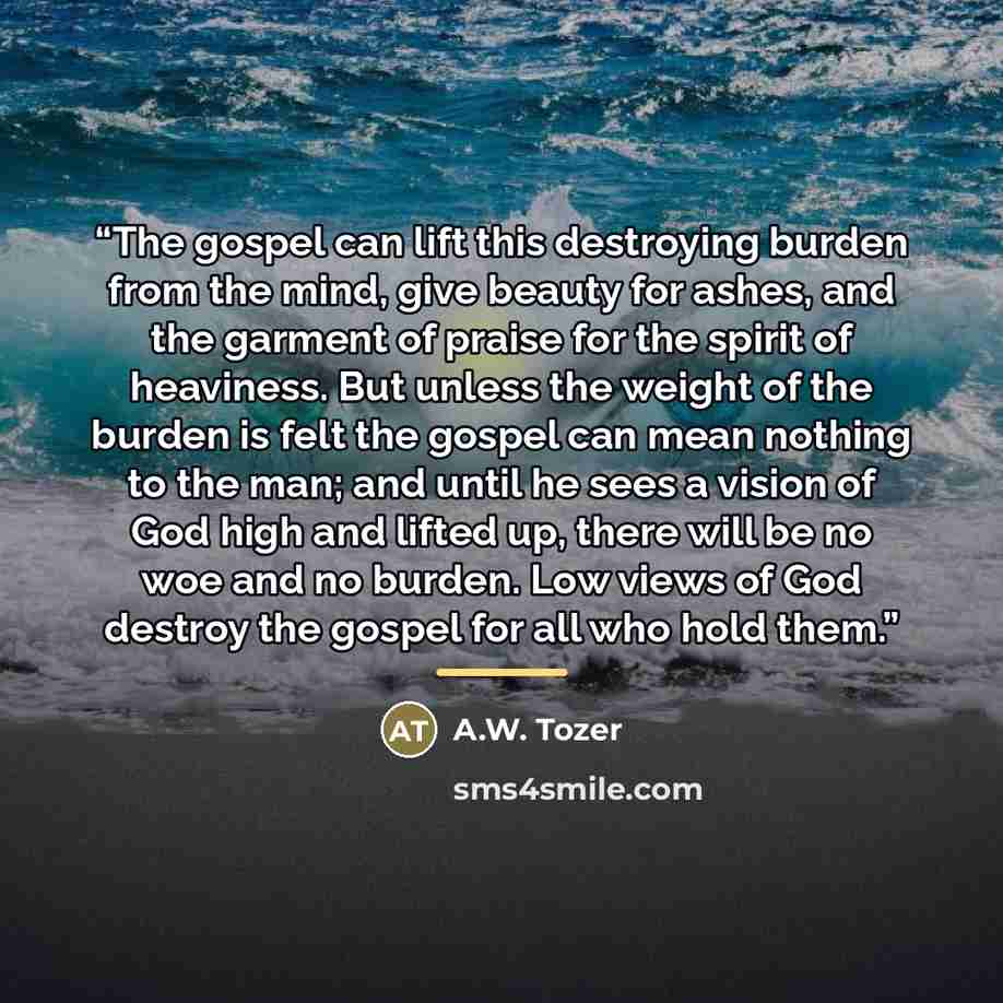 “The gospel can lift this destroying burden from the mind, give beauty for ashes, and the garment of praise for the spirit of heaviness. But unless the weight of the burden is felt the gospel can mean nothing to the man; and until he sees a vision of God high and lifted up, there will be no woe and…” quote by A.W. Tozer
