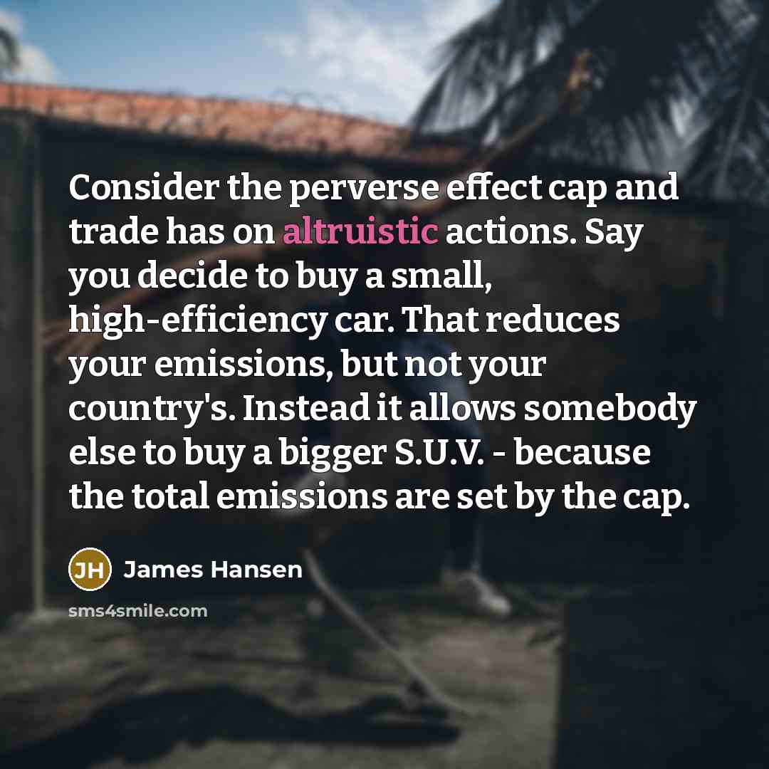 “Consider the perverse effect cap and trade has on altruistic actions. Say you decide to buy a small, high-efficiency car. That reduces your emissions, but not your country's. Instead it allows somebody else to buy a bigger S.U.V. - because the total emissions are set by the cap.” quote by James Hansen