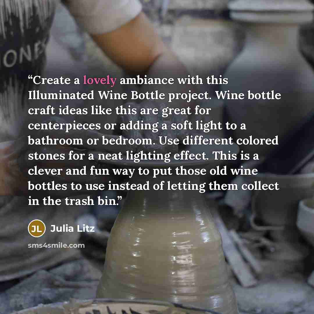 “Create a lovely ambiance with this Illuminated Wine Bottle project. Wine bottle craft ideas like this are great for centerpieces or adding a soft light to a bathroom or bedroom. Use different colored stones for a neat lighting effect. This is a clever and fun way to put those old wine bottles to…” quote by Julia Litz