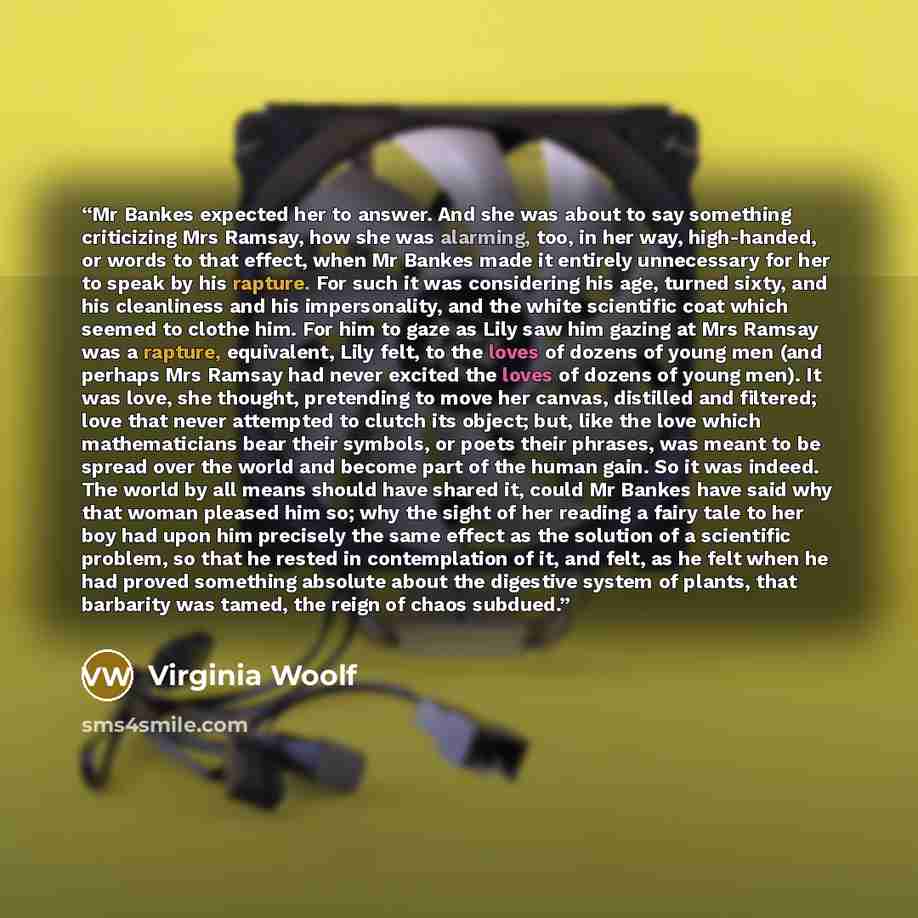 “Mr Bankes expected her to answer. And she was about to say something criticizing Mrs Ramsay, how she was alarming, too, in her way, high-handed, or words to that effect, when Mr Bankes made it entirely unnecessary for her to speak by his rapture. For such it was considering his age, turned sixty…” quote by Virginia Woolf