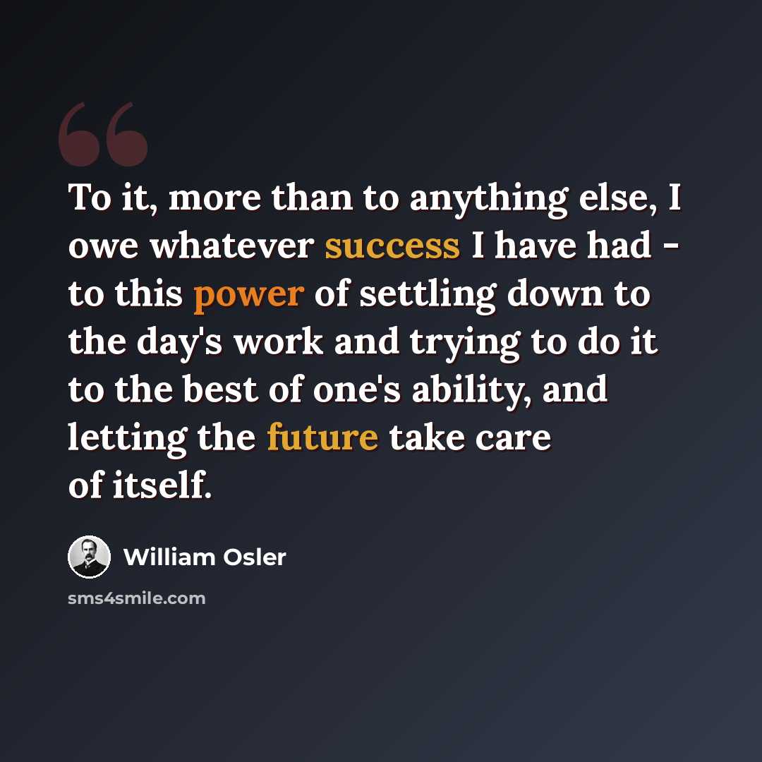“To it, more than to anything else, I owe whatever success I have had - to this power of settling down to the day's work and trying to do it to the best of one's ability, and letting the future take care of itself.” quote by William Osler