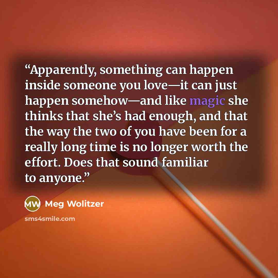 “Apparently, something can happen inside someone you love—it can just happen somehow—and like magic she thinks that she’s had enough, and that the way the two of you have been for a really long time is no longer worth the effort. Does that sound familiar to anyone.” quote by Meg Wolitzer