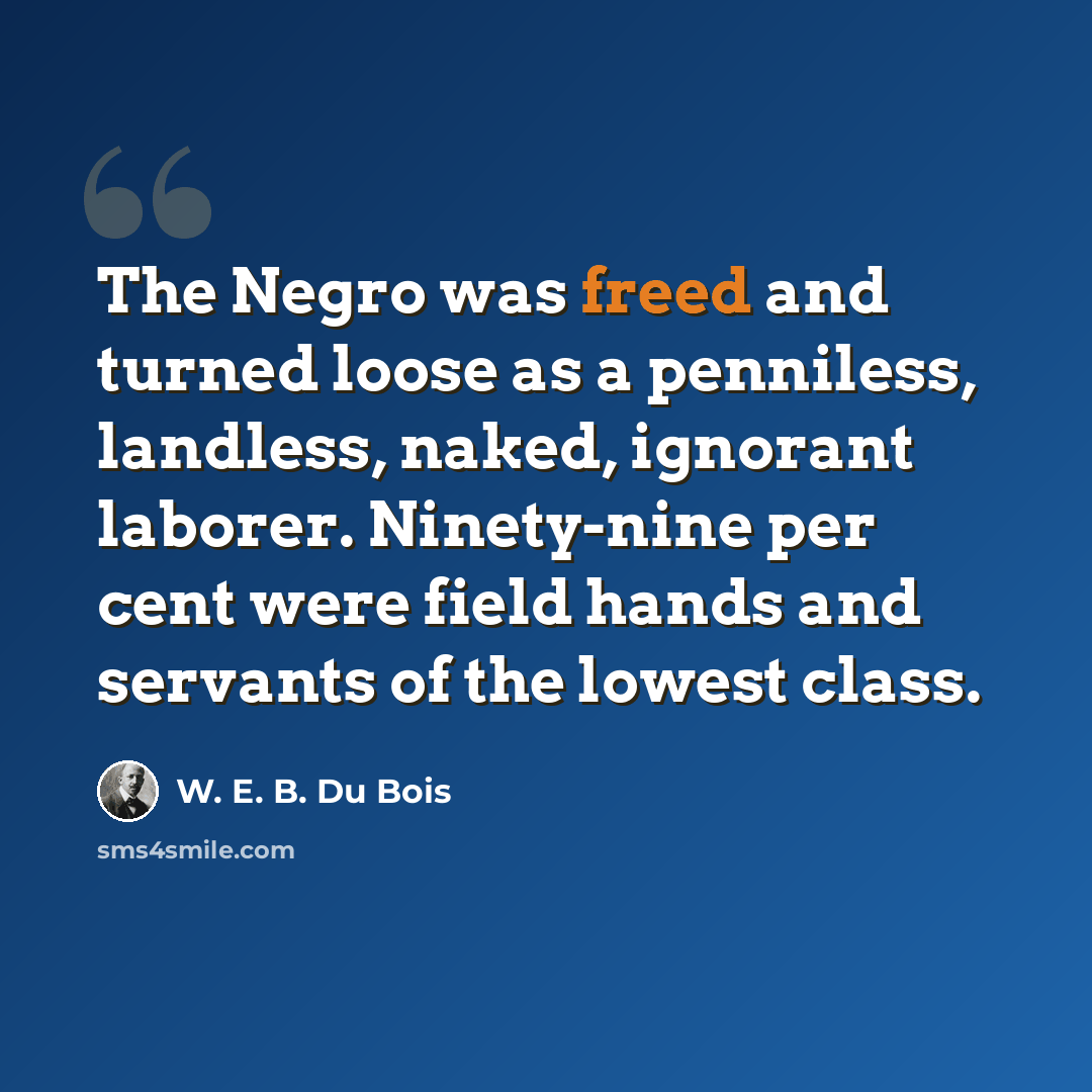 “The Negro was freed and turned loose as a penniless, landless, naked, ignorant laborer. Ninety-nine per cent were field hands and servants of the lowest class.” quote by W. E. B. Du Bois