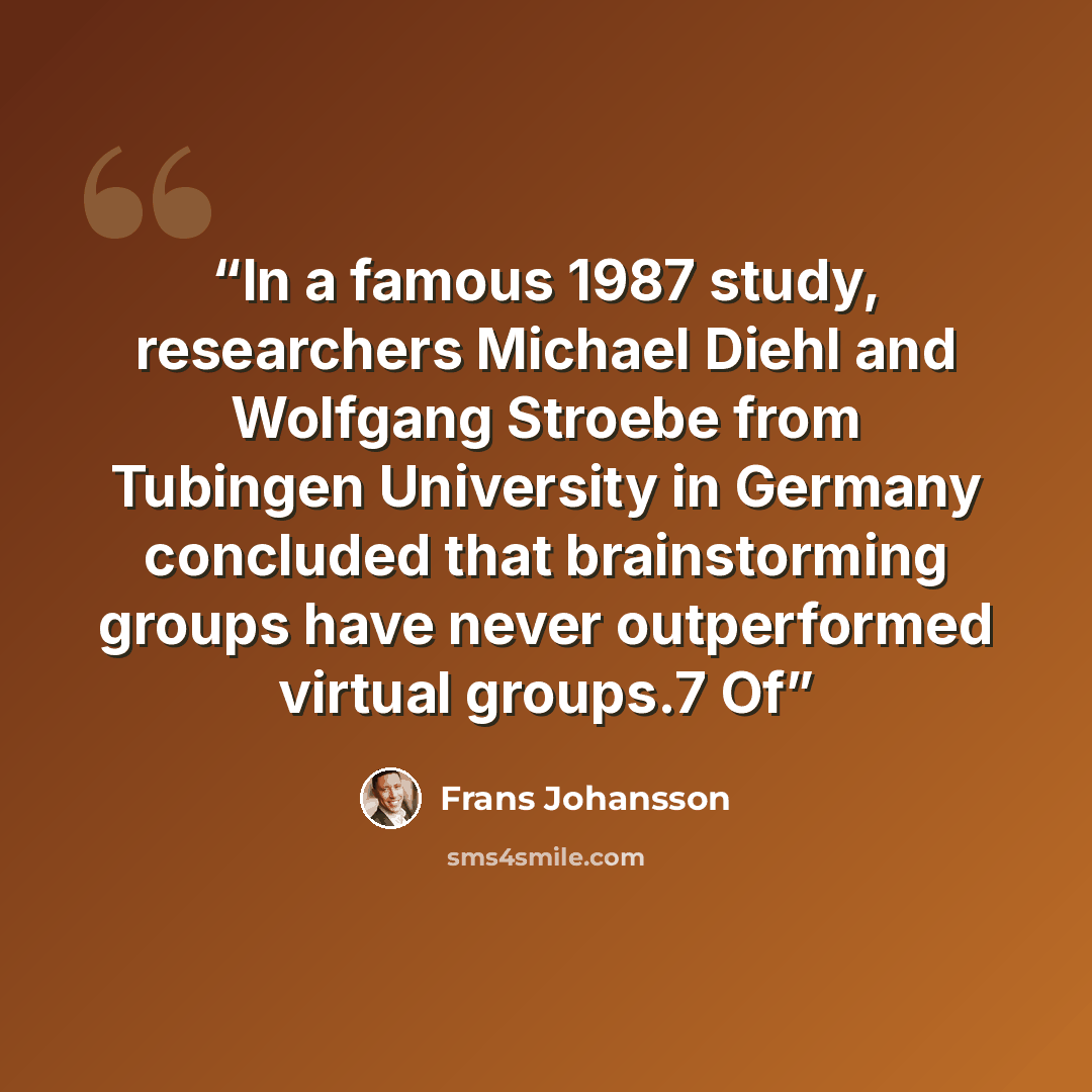 “In a famous 1987 study, researchers Michael Diehl and Wolfgang Stroebe from Tubingen University in Germany concluded that brainstorming groups have never outperformed virtual groups.7 Of” quote by Frans Johansson
