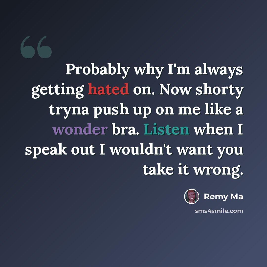 “Probably why I'm always getting hated on. Now shorty tryna push up on me like a wonder bra. Listen when I speak out I wouldn't want you take it wrong.” quote by Remy Ma