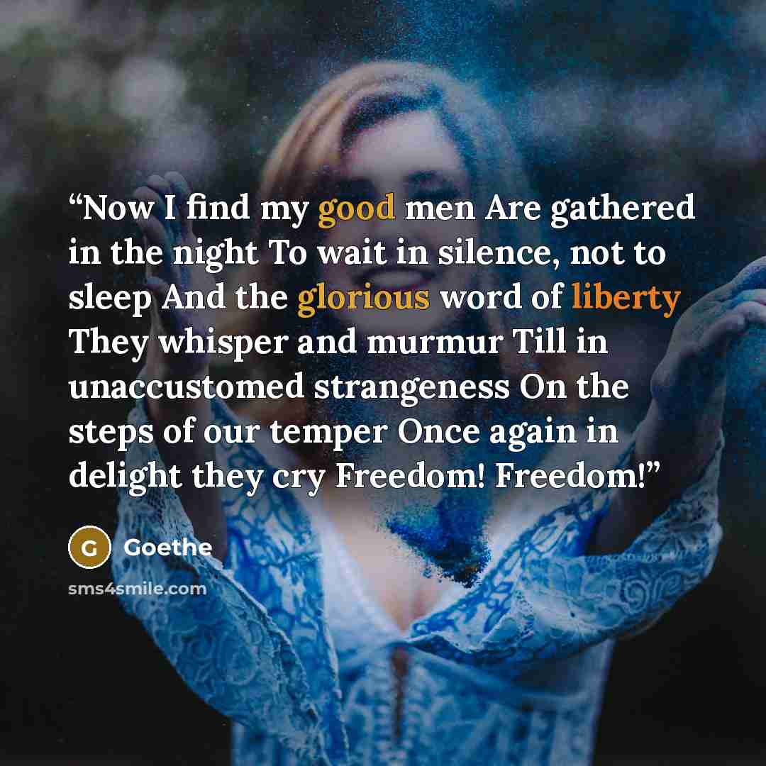 “Now I find my good men Are gathered in the night To wait in silence, not to sleep And the glorious word of liberty They whisper and murmur Till in unaccustomed strangeness On the steps of our temper Once again in delight they cry Freedom! Freedom!” quote by Goethe