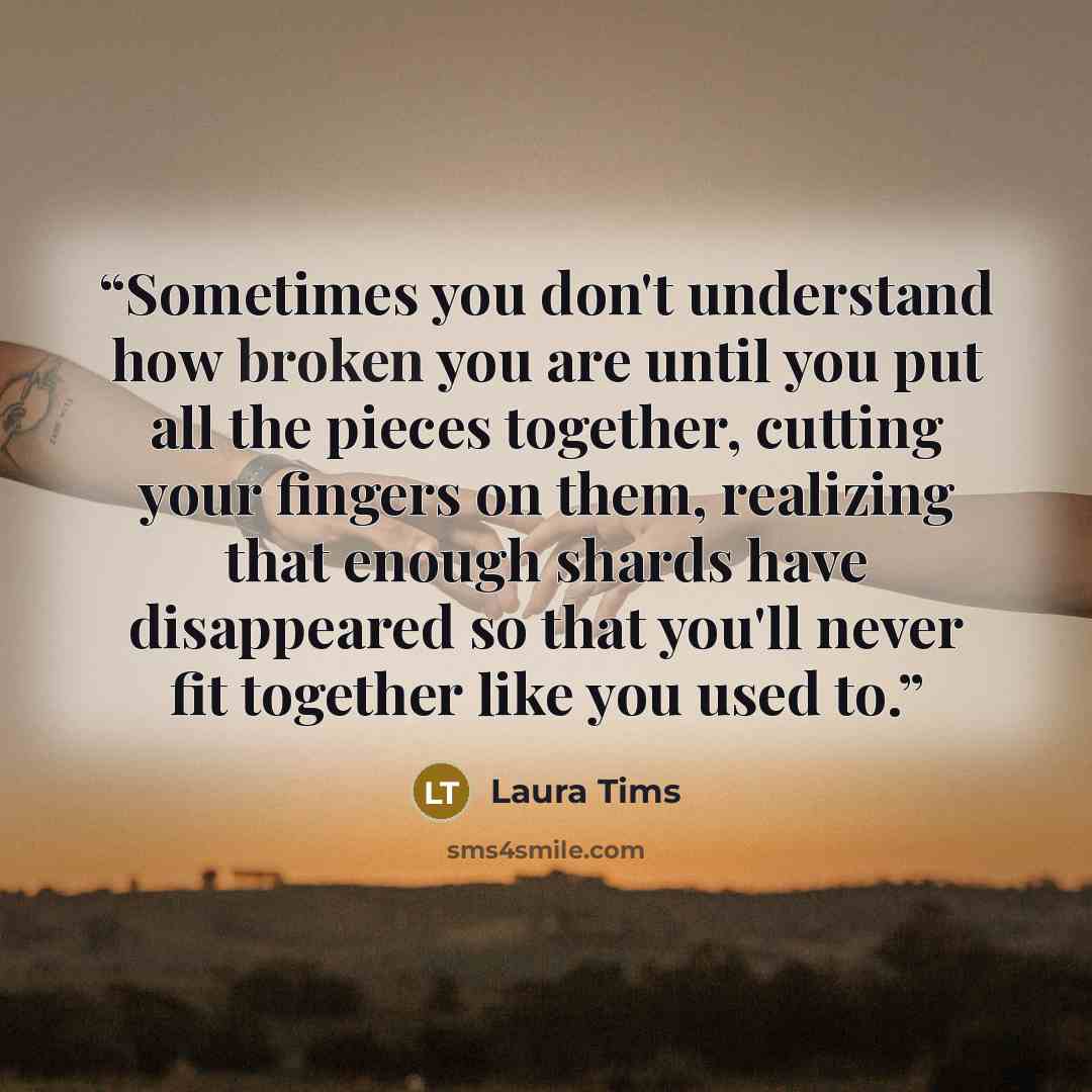 “Sometimes you don't understand how broken you are until you put all the pieces together, cutting your fingers on them, realizing that enough shards have disappeared so that you'll never fit together like you used to.” quote by Laura Tims