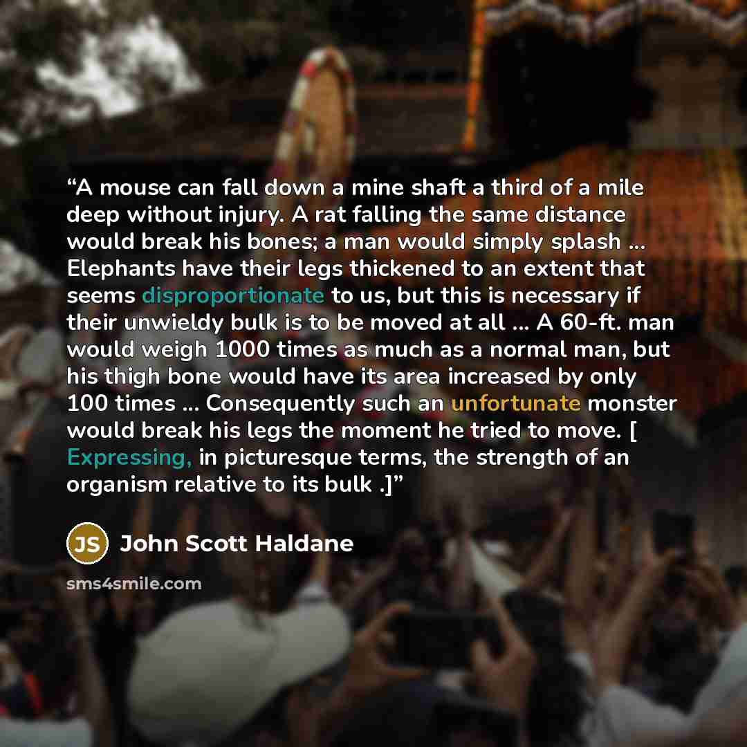 “A mouse can fall down a mine shaft a third of a mile deep without injury. A rat falling the same distance would break his bones; a man would simply splash ... Elephants have their legs thickened to an extent that seems disproportionate to us, but this is necessary if their unwieldy bulk is to be…” quote by John Scott Haldane