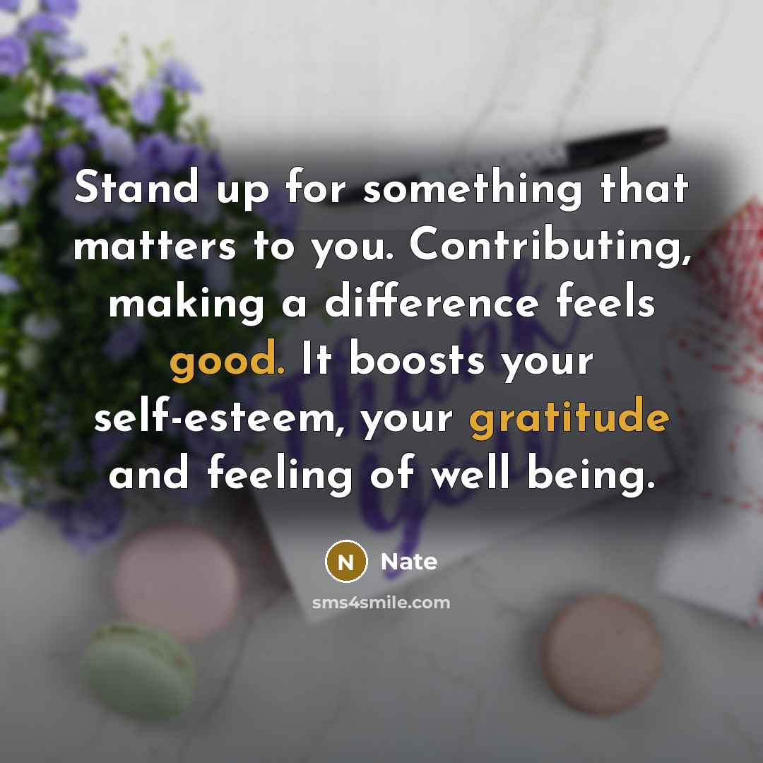 “Stand up for something that matters to you. Contributing, making a difference feels good. It boosts your self-esteem, your gratitude and feeling of well being.” quote by Nate