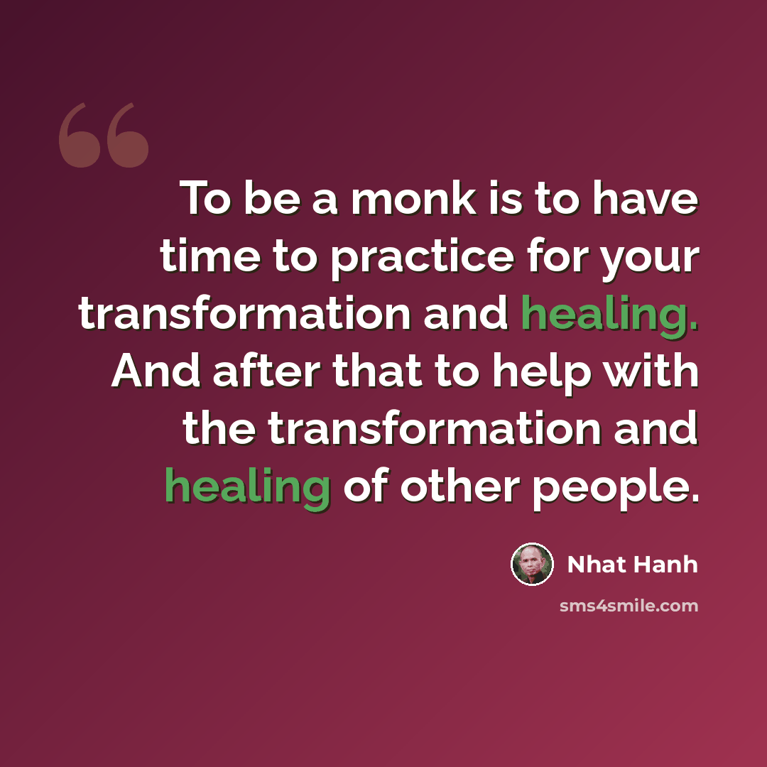 “To be a monk is to have time to practice for your transformation and healing. And after that to help with the transformation and healing of other people.” quote by Nhat Hanh