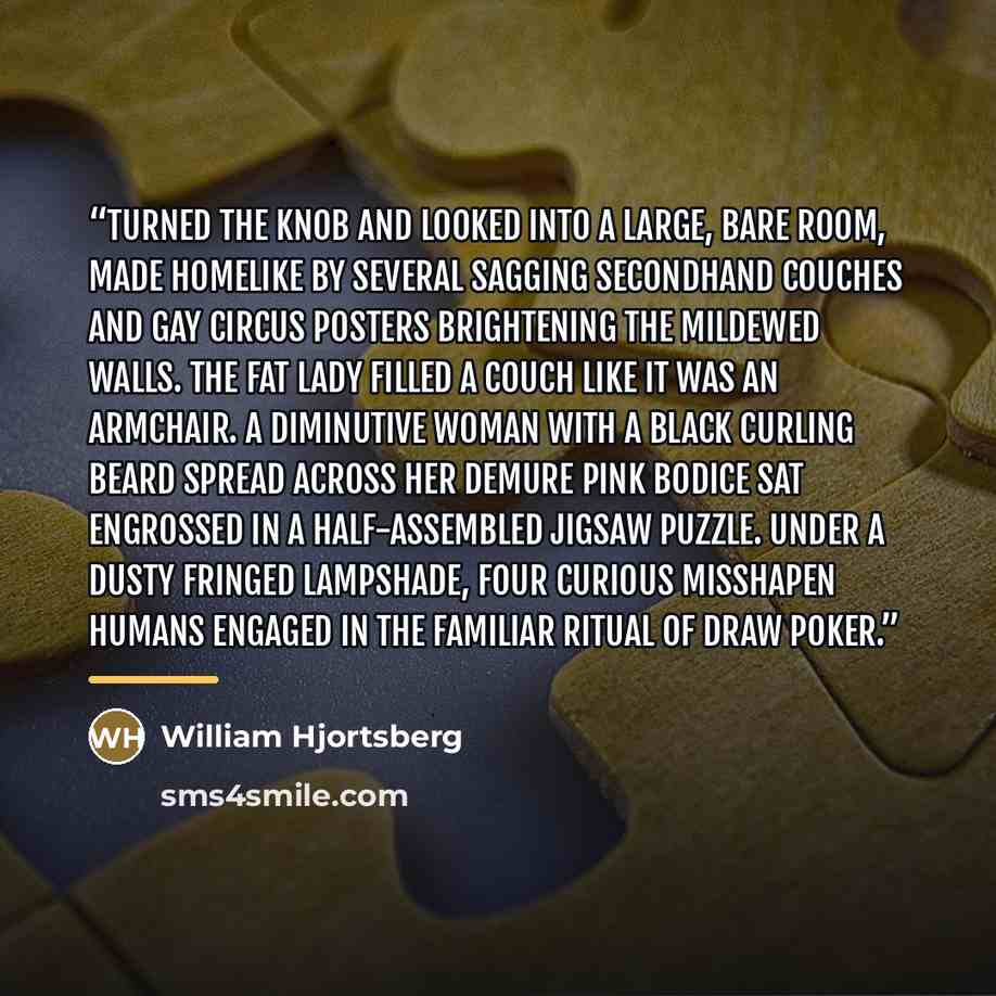 “turned the knob and looked into a large, bare room, made homelike by several sagging secondhand couches and gay circus posters brightening the mildewed walls. The fat lady filled a couch like it was an armchair. A diminutive woman with a black curling beard spread across her demure pink bodice sat…” quote by William Hjortsberg