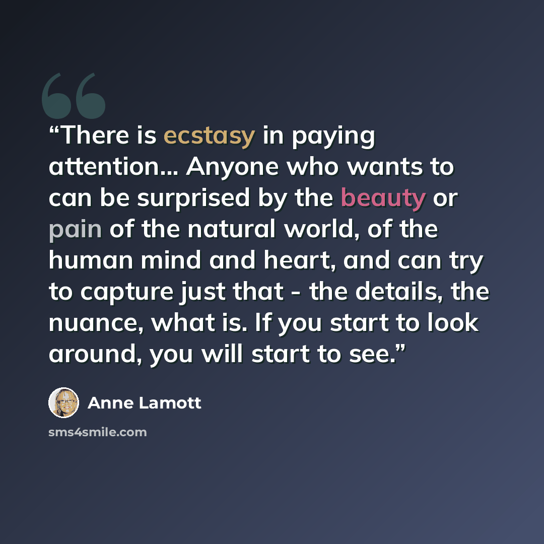 “There is ecstasy in paying attention... Anyone who wants to can be surprised by the beauty or pain of the natural world, of the human mind and heart, and can try to capture just that - the details, the nuance, what is. If you start to look around, you will start to see.” quote by Anne Lamott
