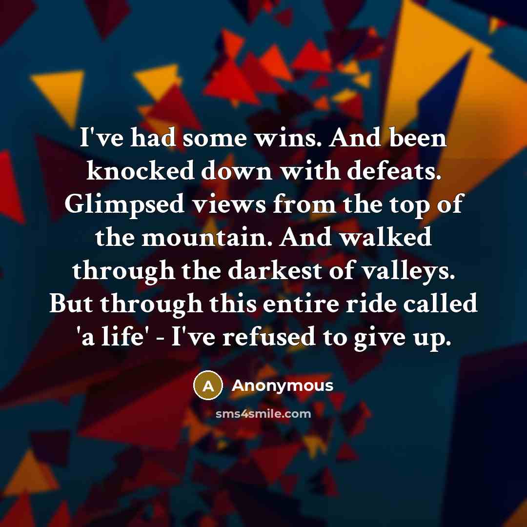 “I've had some wins. And been knocked down with defeats. Glimpsed views from the top of the mountain. And walked through the darkest of valleys. But through this entire ride called 'a life' - I've refused to give up.” quote by Anonymous
