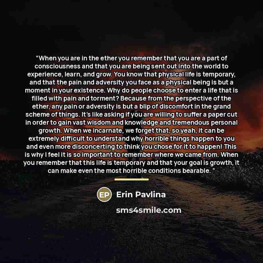 “When you are in the ether you remember that you are a part of consciousness and that you are being sent out into the world to experience, learn, and grow. You know that physical life is temporary, and that the pain and adversity you face as a physical being is but a moment in your existence. Why…” quote by Erin Pavlina