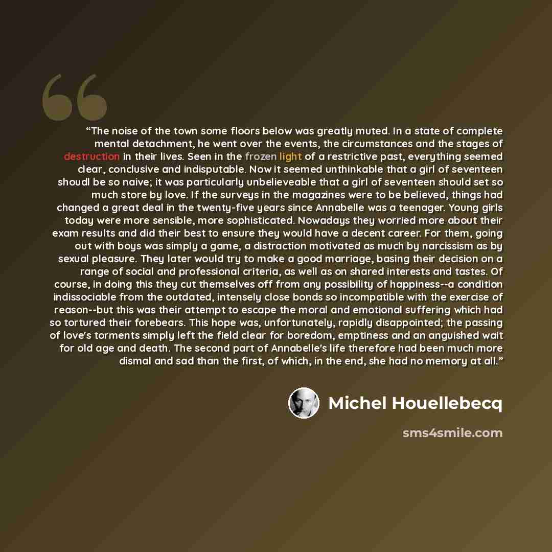“The noise of the town some floors below was greatly muted. In a state of complete mental detachment, he went over the events, the circumstances and the stages of destruction in their lives. Seen in the frozen light of a restrictive past, everything seemed clear, conclusive and indisputable. Now it…” quote by Michel Houellebecq