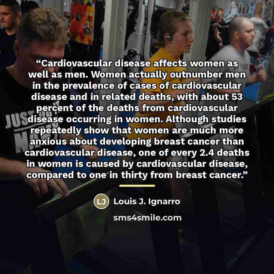“Cardiovascular disease affects women as well as men. Women actually outnumber men in the prevalence of cases of cardiovascular disease and in related deaths, with about 53 percent of the deaths from cardiovascular disease occurring in women. Although studies repeatedly show that women are much…” quote by Louis J. Ignarro