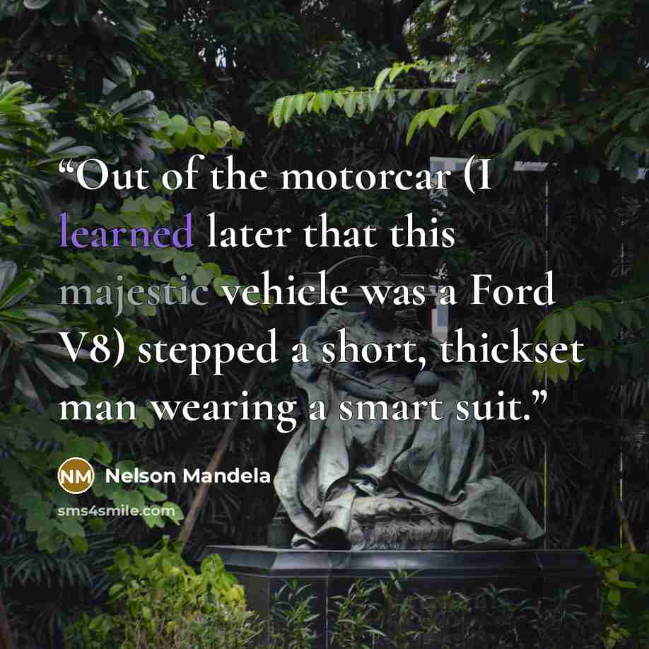 “Out of the motorcar (I learned later that this majestic vehicle was a Ford V8) stepped a short, thickset man wearing a smart suit.” quote by Nelson Mandela