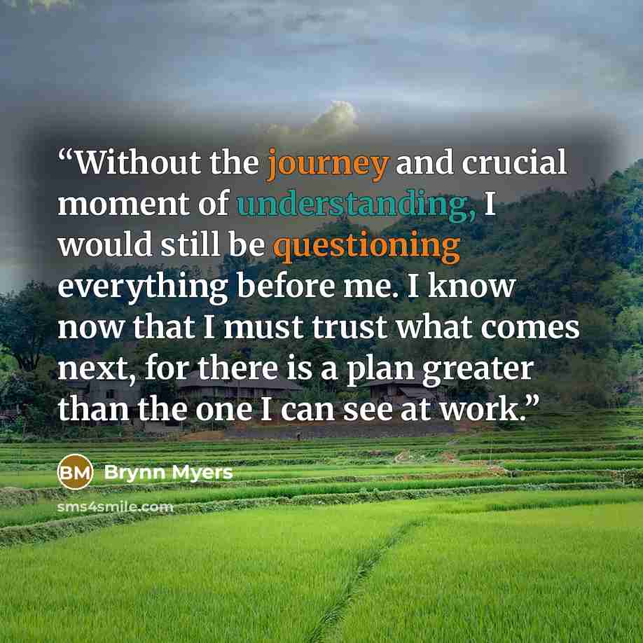 “Without the journey and crucial moment of understanding, I would still be questioning everything before me. I know now that I must trust what comes next, for there is a plan greater than the one I can see at work.” quote by Brynn Myers