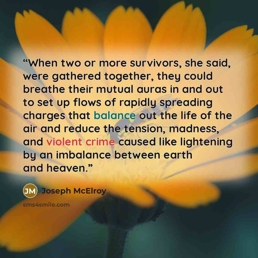 “When two or more survivors, she said, were gathered together, they could breathe their mutual auras in and out to set up flows of rapidly spreading charges that balance out the life of the air and reduce the tension, madness, and violent crime caused like lightening by an imbalance between earth…” quote by Joseph McElroy