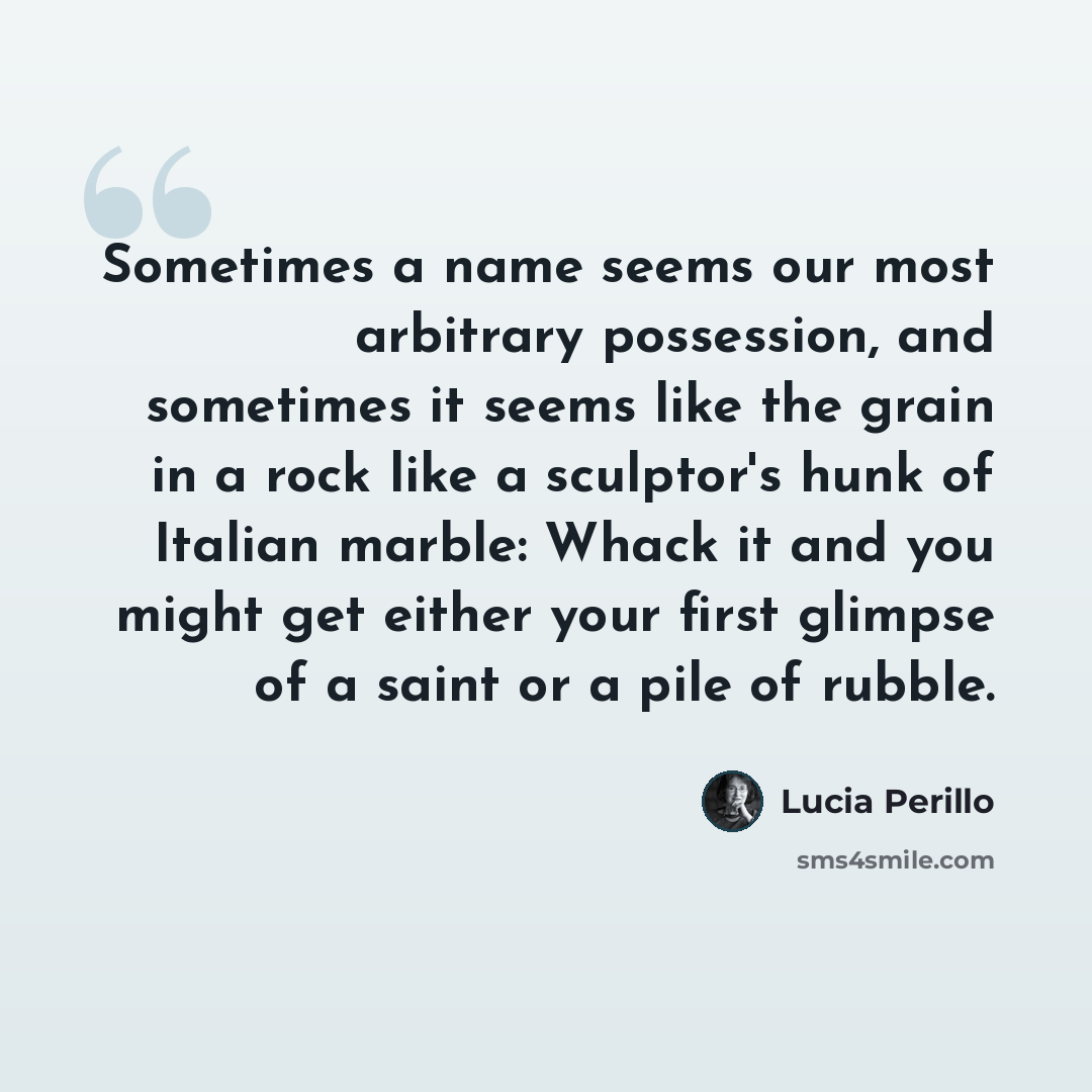 “Sometimes a name seems our most arbitrary possession, and sometimes it seems like the grain in a rock like a sculptor's hunk of Italian marble: Whack it and you might get either your first glimpse of a saint or a pile of rubble.” quote by Lucia Perillo