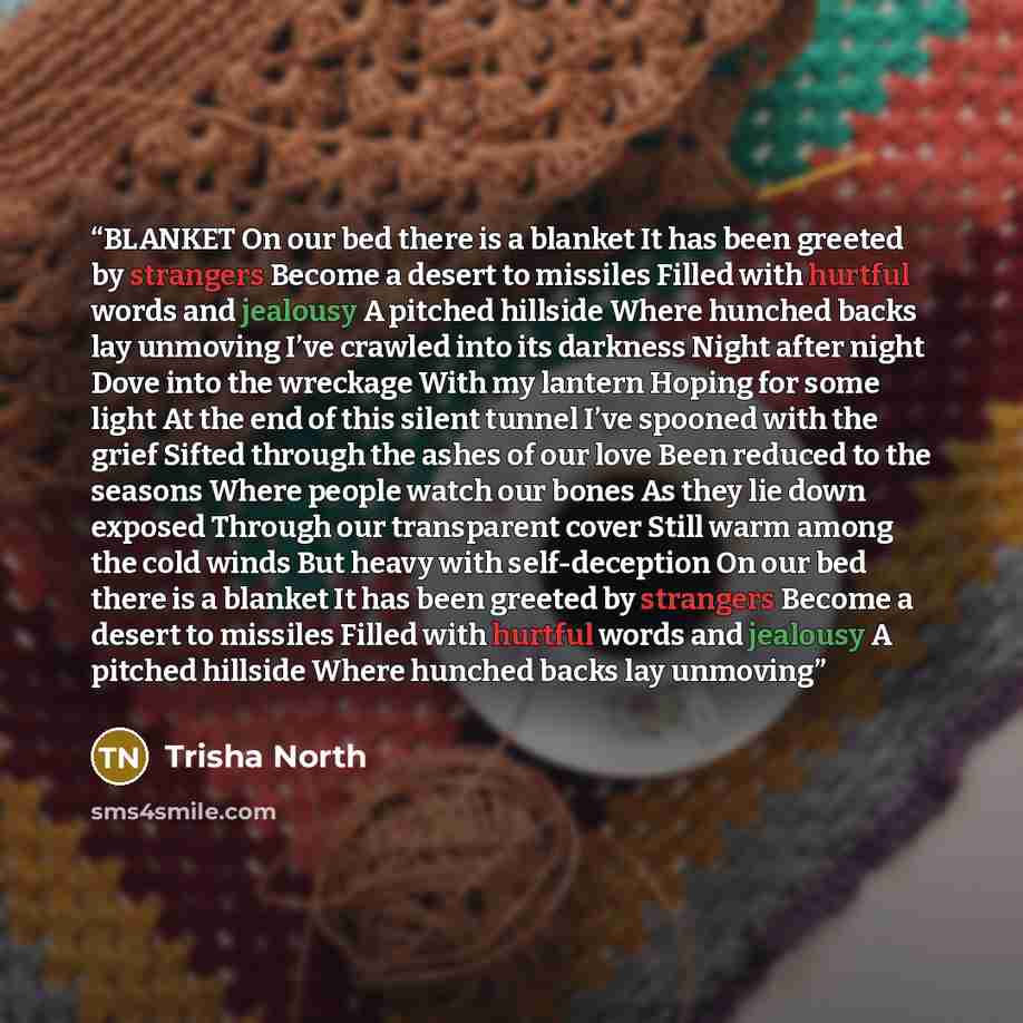 “BLANKET On our bed there is a blanket It has been greeted by strangers Become a desert to missiles Filled with hurtful words and jealousy A pitched hillside Where hunched backs lay unmoving I’ve crawled into its darkness Night after night Dove into the wreckage With my lantern Hoping for some…” quote by Trisha North